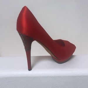 BCBG Dalton Red Satin Filigree Satin High Heel Pumps